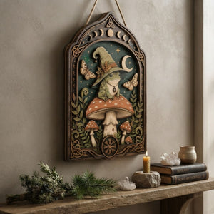Witch Frog Wooden Sign - Mystical Mushroom Wall Decor with Crescent Moon, Moths & Norse Symbols