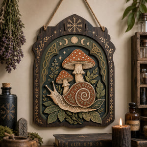 Mystical Snail Mushroom Wooden Sign - Witchy Woodland Wall Decor with Moon Phases, Leaves & Celtic Knots