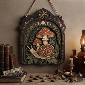Mystical Snail Mushroom Wooden Sign - Witchy Woodland Wall Decor with Moon Phases, Leaves & Celtic Knots