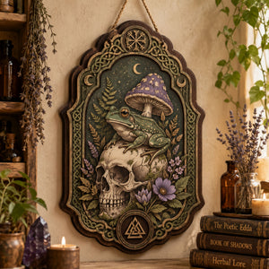 Frog Skull Wooden Sign - Gothic Witchy Wall Decor with Purple Mushroom, Wildflowers & Norse Symbols