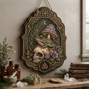 Frog Skull Wooden Sign - Gothic Witchy Wall Decor with Purple Mushroom, Wildflowers & Norse Symbols