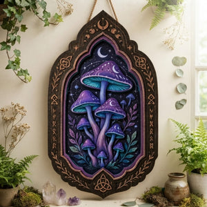 Celestial Mushroom Wooden Sign - Mystical Witchy Wall Decor with Crescent Moons, Stars & Norse Runes
