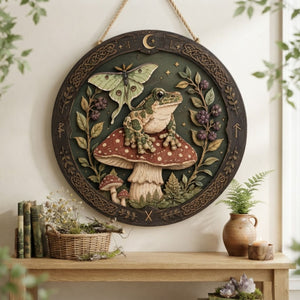 Frog and Luna Moth Wooden Sign - Mystical Mushroom Wall Decor with Berries, Moon & Celtic Knots