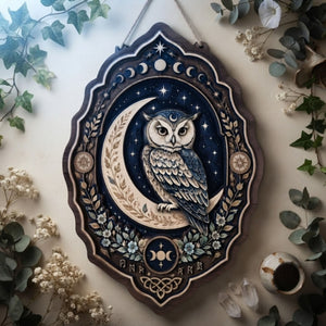 Celestial Owl Wooden Sign - Mystical Moon Wall Decor with Stars, Botanicals & Lunar Phases