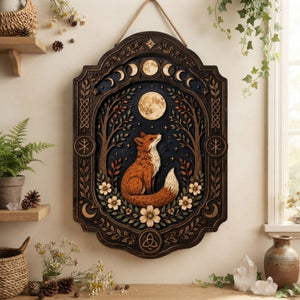 Moonlit Fox Wooden Sign - Mystical Woodland Wall Decor with Lunar Phases, Wildflowers & Celtic Knots