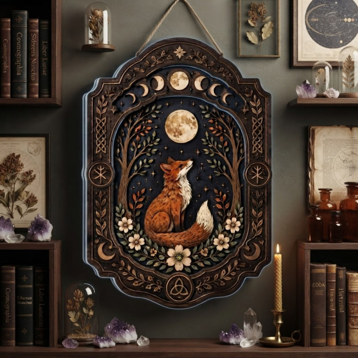 Moonlit Fox Wooden Sign - Mystical Woodland Wall Decor with Lunar Phases, Wildflowers & Celtic Knots