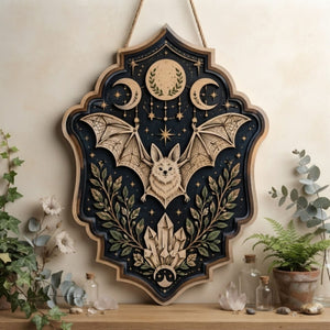 Celestial Bat Wooden Sign - Mystical Witchy Wall Decor with Triple Moon, Crystals & Botanicals