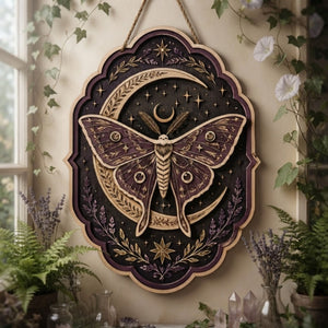 Moonlit Luna Moth Wooden Sign - Mystical Celestial Wall Decor with Crescent Moon, Lavender & Stars