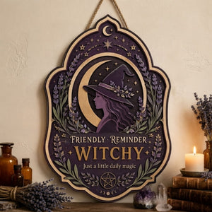 Friendly Reminder Witchy Wooden Sign - Mystical Moon Wall Decor with Lavender, Stars & Pentacle