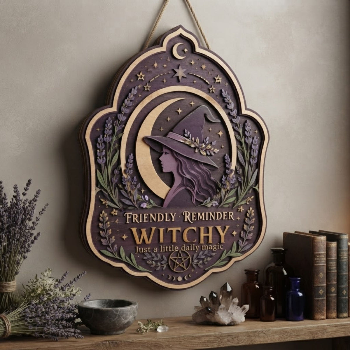 Friendly Reminder Witchy Wooden Sign - Mystical Moon Wall Decor with Lavender, Stars & Pentacle