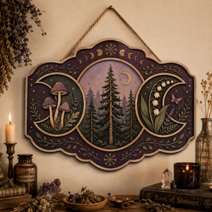 Enchanted Forest Triple Moon Wooden Sign - Mystical Woodland Wall Decor with Mushrooms, Wildflowers & Crescent Moons