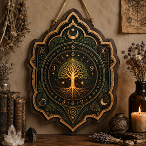Tree of Life Numerology Wooden Sign - Mystical Sacred Geometry Wall Decor with 3 6 9 Symbols, Moon & Stars