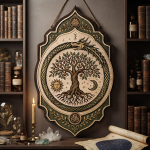 Yggdrasil Ouroboros Wooden Sign - Norse Tree of Life Wall Decor with Dragon, Sun, Moon & Berries