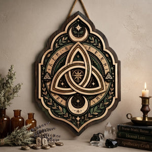 Celtic Triquetra Wooden Sign - Mystical Norse Wall Decor with Crescent Moons, Runes & Botanicals