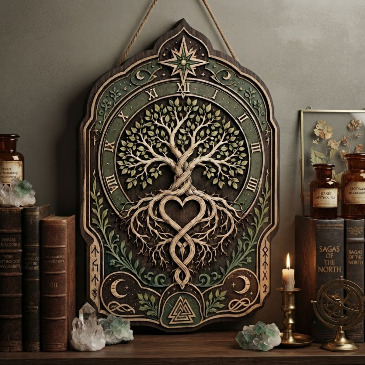 Eternal Tree of Life Wooden Sign - Mystical Norse Wall Decor with Heart Roots, Moons & Roman Numerals