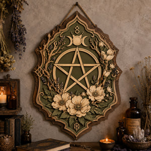 Floral Pentacle Wooden Sign - Witchy Botanical Wall Decor with Triple Moon, Wildflowers & Lavender