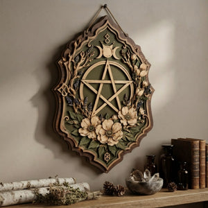 Floral Pentacle Wooden Sign - Witchy Botanical Wall Decor with Triple Moon, Wildflowers & Lavender