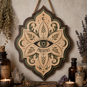 Presence All Seeing Eye Wooden Sign - Mystical Botanical Wall Decor with Moons, Leaves & Celestial Symbols