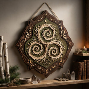Celtic Triskele Wooden Sign - Mystical Nature Wall Decor with Spiral Vines, Crescent Moons & Runes