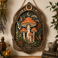 Mystical Mushroom Wooden Sign - Witchy Botanical Wall Decor with Moon, Butterflies & Wildflowers