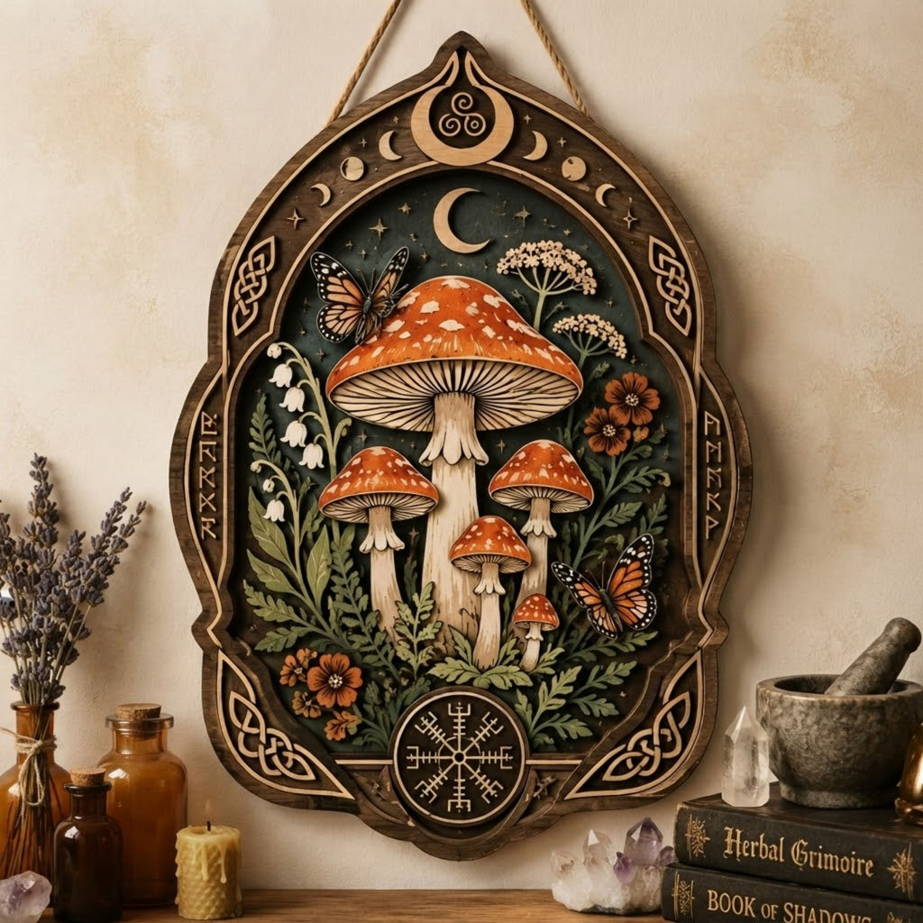 Mystical Mushroom Wooden Sign - Witchy Botanical Wall Decor with Moon, Butterflies & Wildflowers