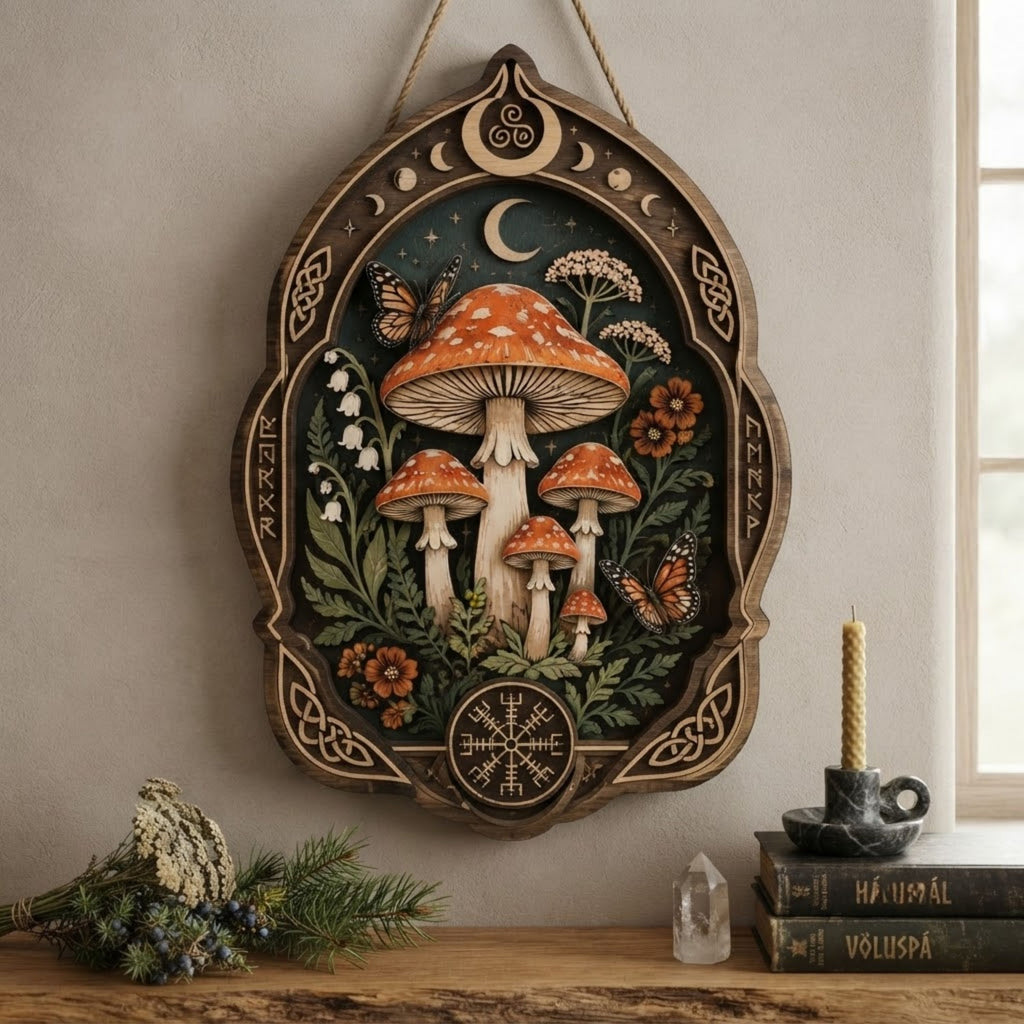 Mystical Mushroom Wooden Sign - Witchy Botanical Wall Decor with Moon, Butterflies & Wildflowers