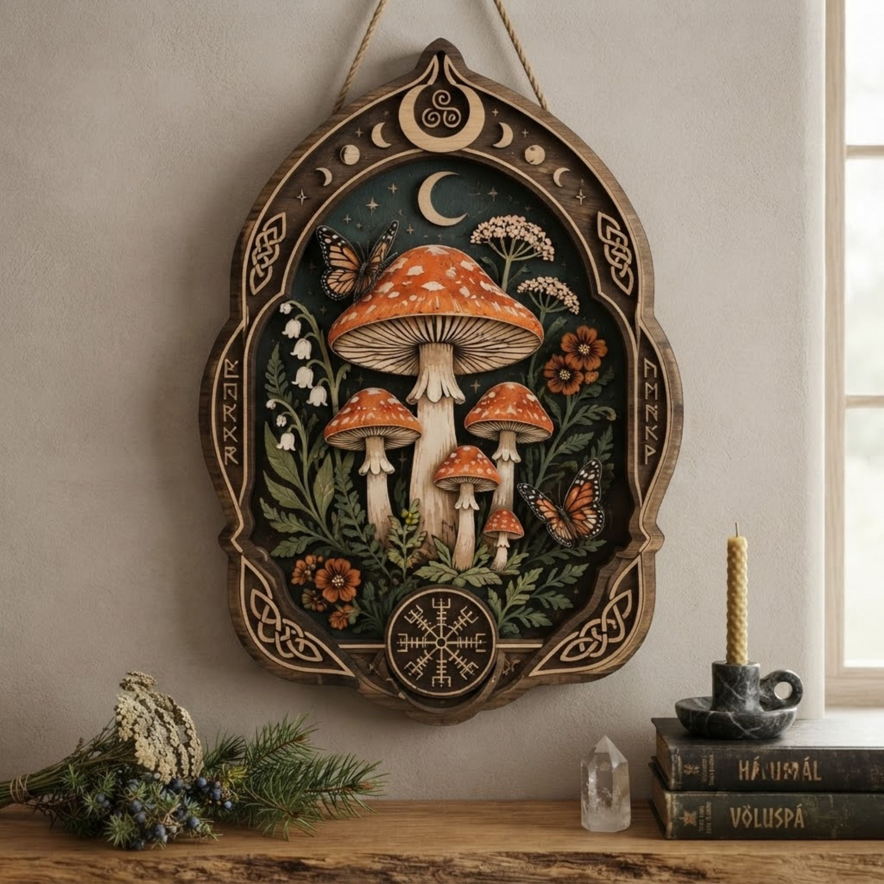 Mystical Mushroom Wooden Sign - Witchy Botanical Wall Decor with Moon, Butterflies & Wildflowers