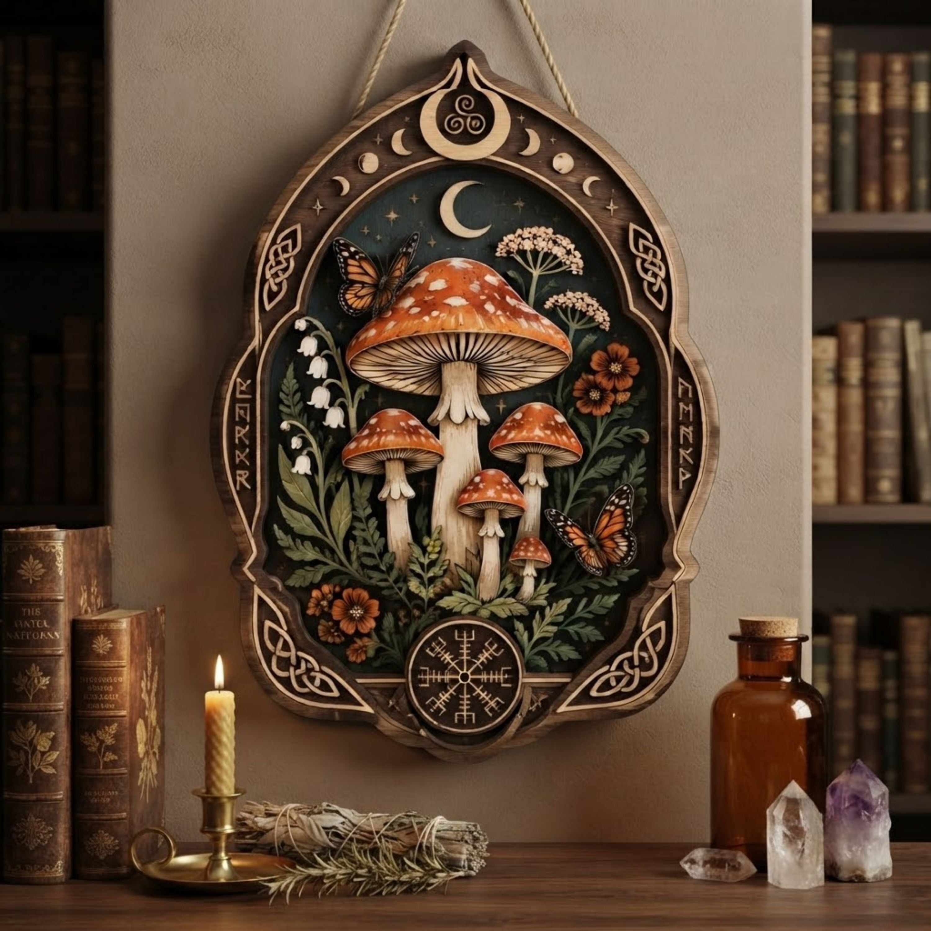 Mystical Mushroom Wooden Sign - Witchy Botanical Wall Decor with Moon, Butterflies & Wildflowers