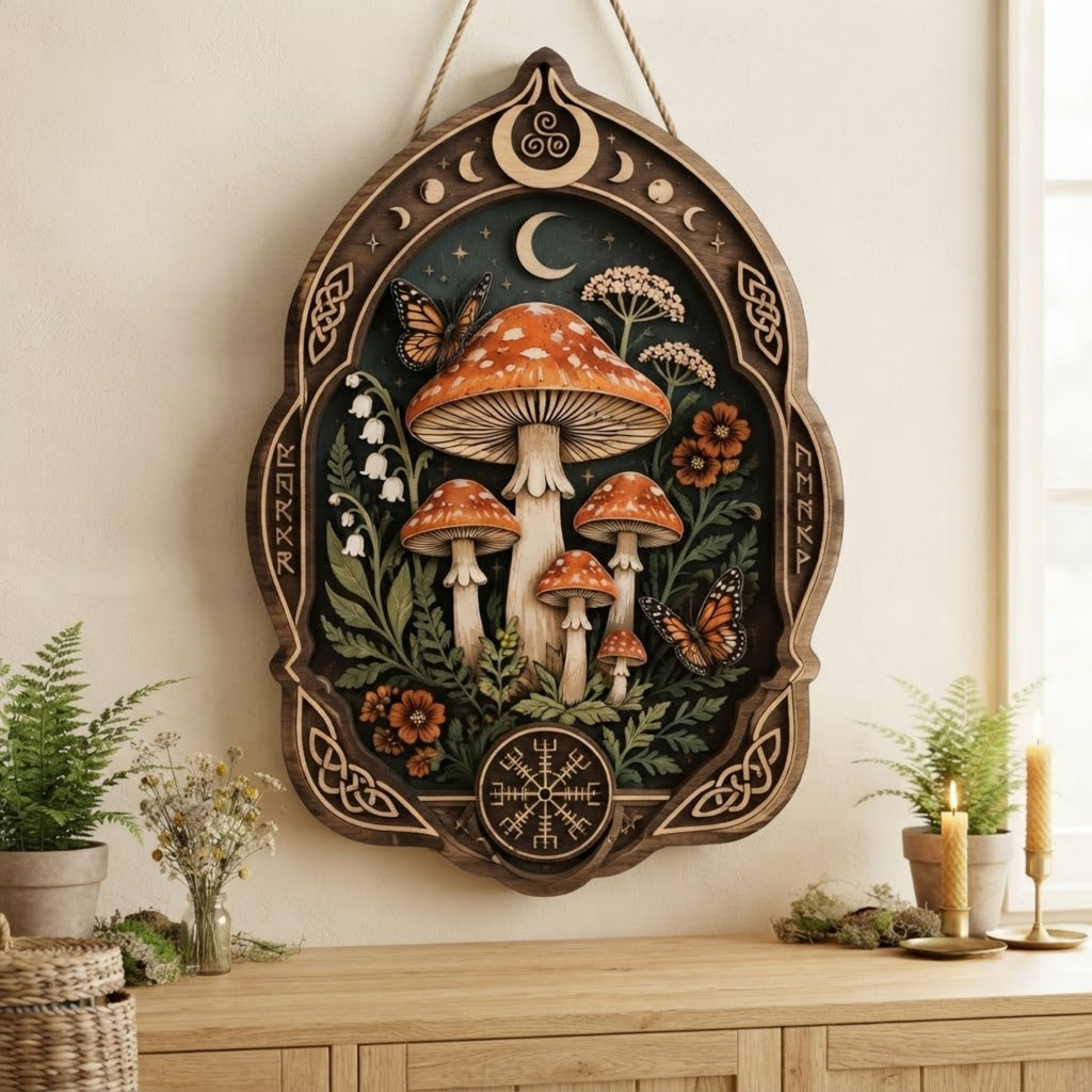 Mystical Mushroom Wooden Sign - Witchy Botanical Wall Decor with Moon, Butterflies & Wildflowers