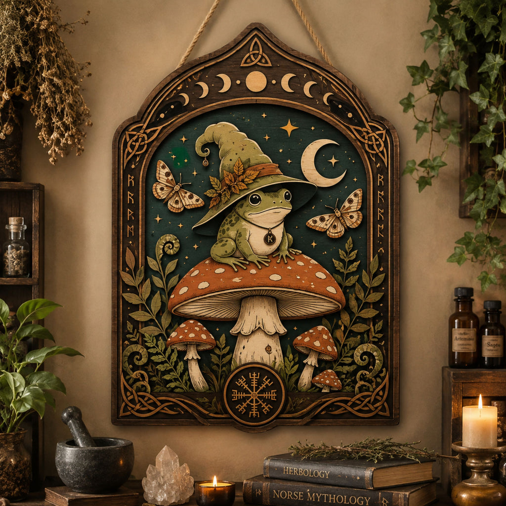 Witch Frog Wooden Sign - Mystical Mushroom Wall Decor with Crescent Moon, Moths & Norse Symbols