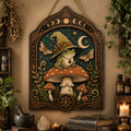 Witch Frog Wooden Sign - Mystical Mushroom Wall Decor with Crescent Moon, Moths & Norse Symbols