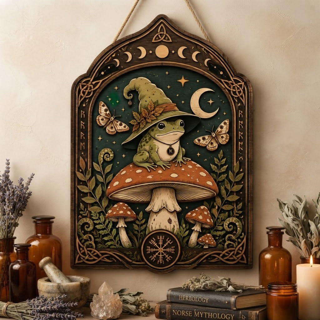 Witch Frog Wooden Sign - Mystical Mushroom Wall Decor with Crescent Moon, Moths & Norse Symbols