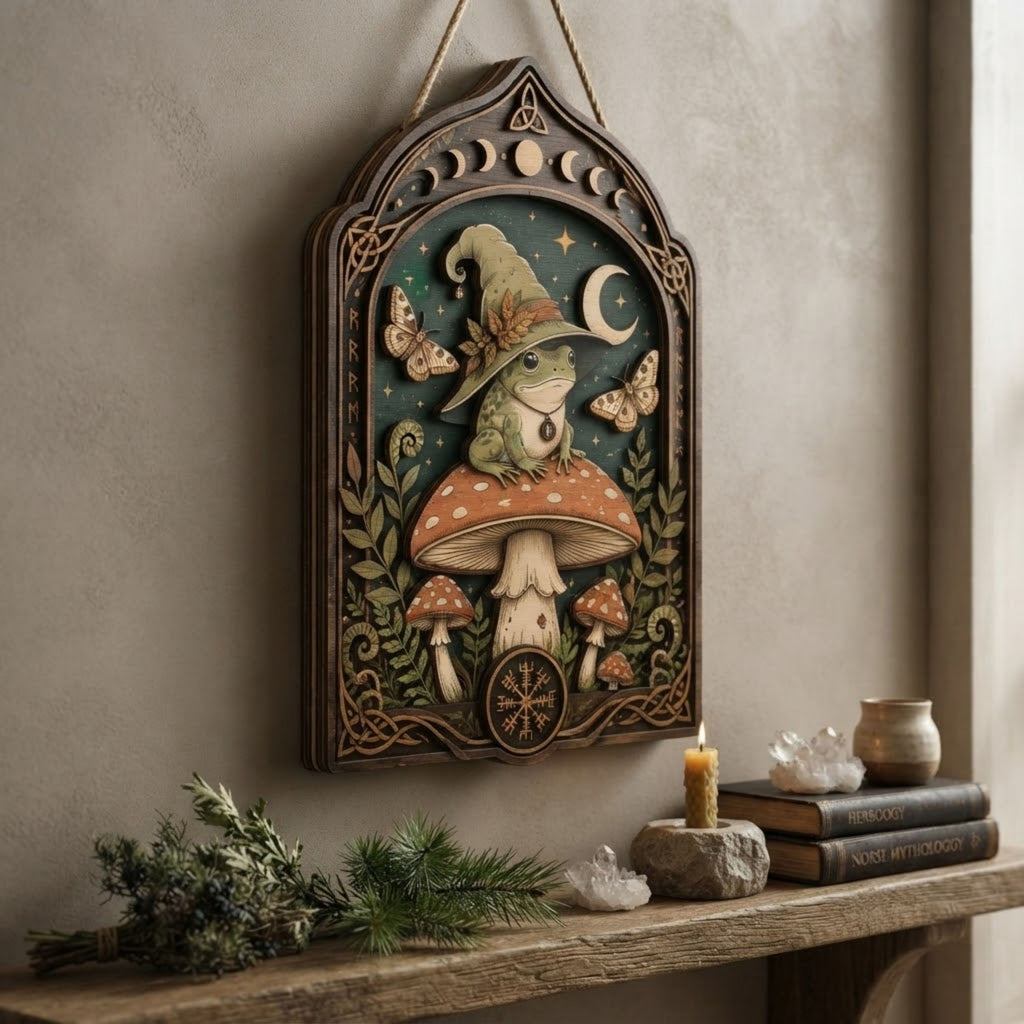 Witch Frog Wooden Sign - Mystical Mushroom Wall Decor with Crescent Moon, Moths & Norse Symbols