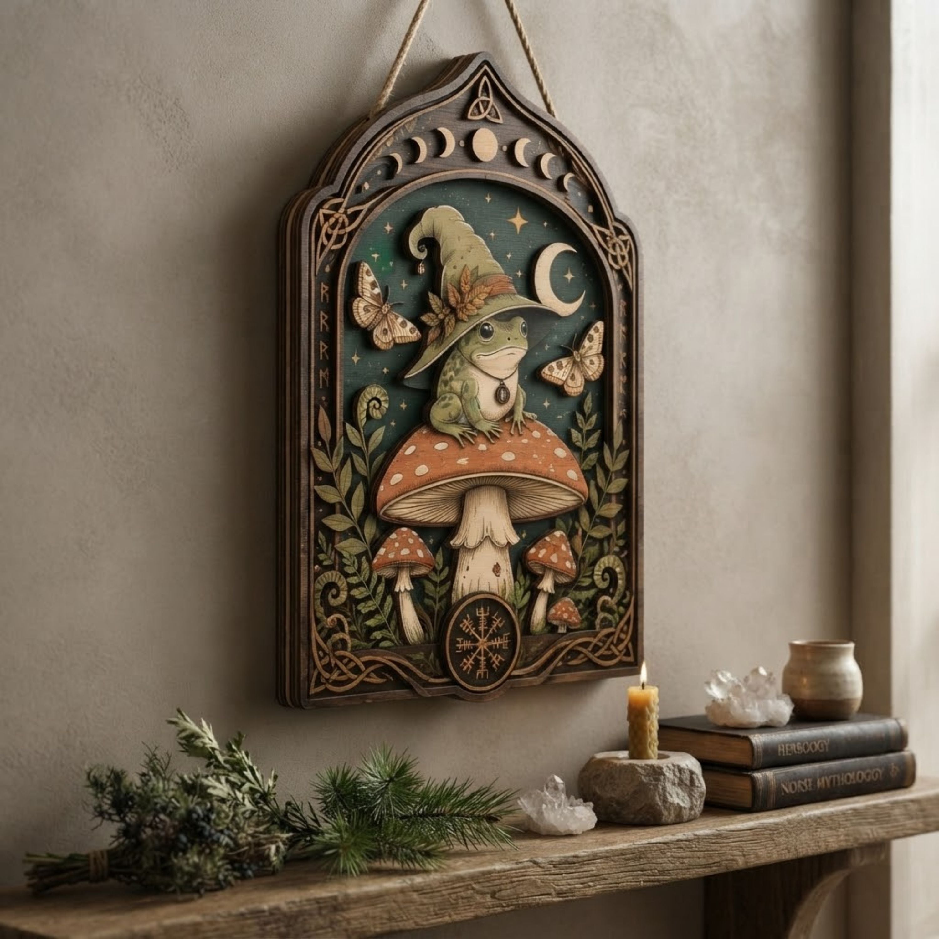 Witch Frog Wooden Sign - Mystical Mushroom Wall Decor with Crescent Moon, Moths & Norse Symbols