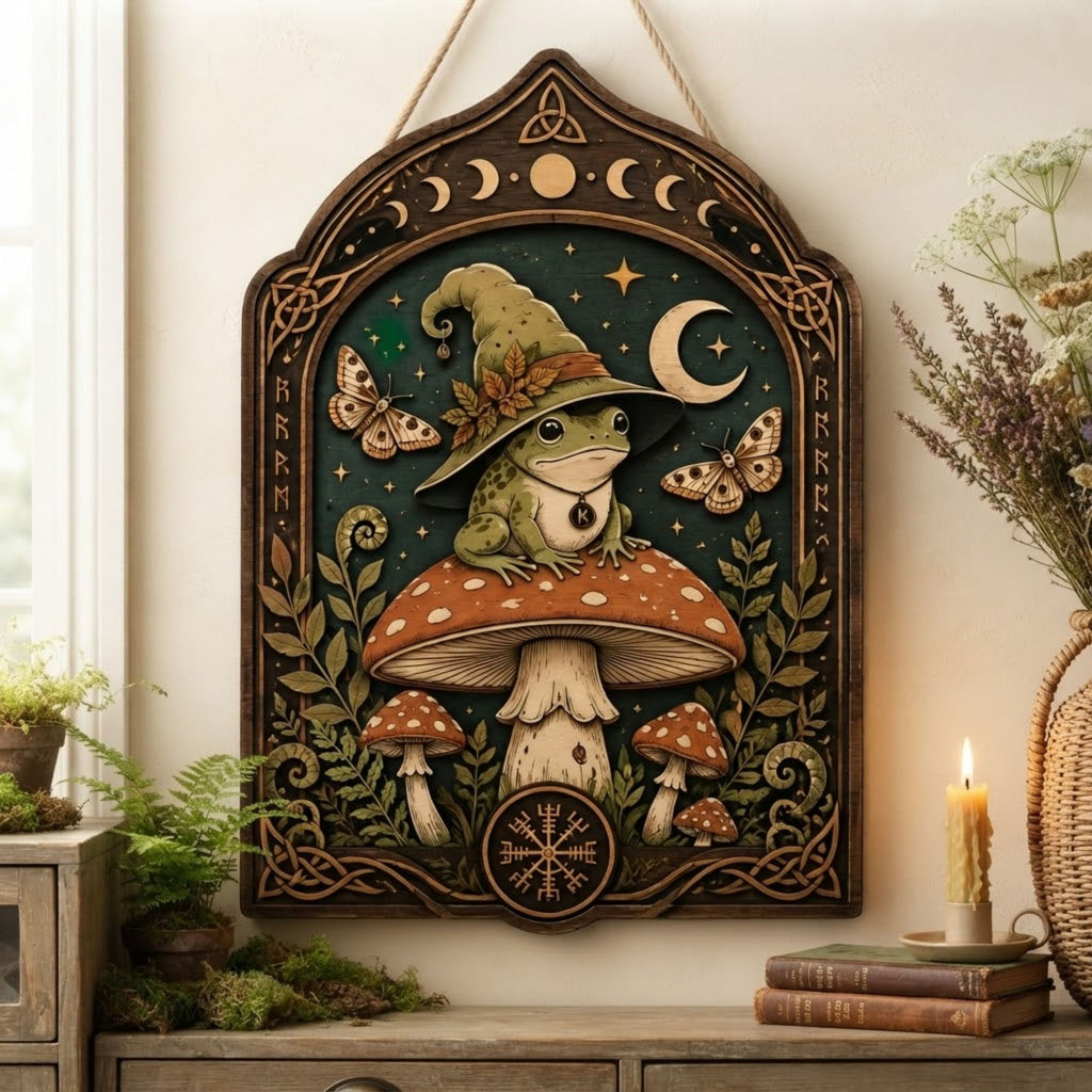 Witch Frog Wooden Sign - Mystical Mushroom Wall Decor with Crescent Moon, Moths & Norse Symbols