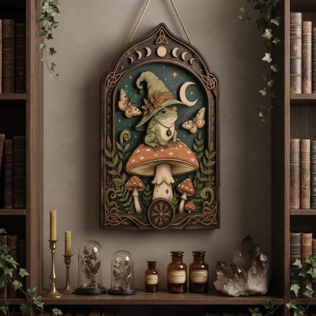 Witch Frog Wooden Sign - Mystical Mushroom Wall Decor with Crescent Moon, Moths & Norse Symbols