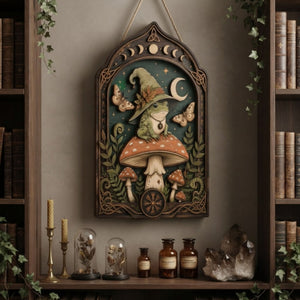 Witch Frog Wooden Sign - Mystical Mushroom Wall Decor with Crescent Moon, Moths & Norse Symbols