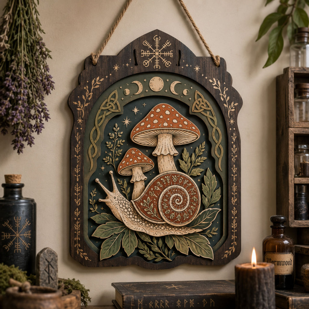 Mystical Snail Mushroom Wooden Sign - Witchy Woodland Wall Decor with Moon Phases, Leaves & Celtic Knots