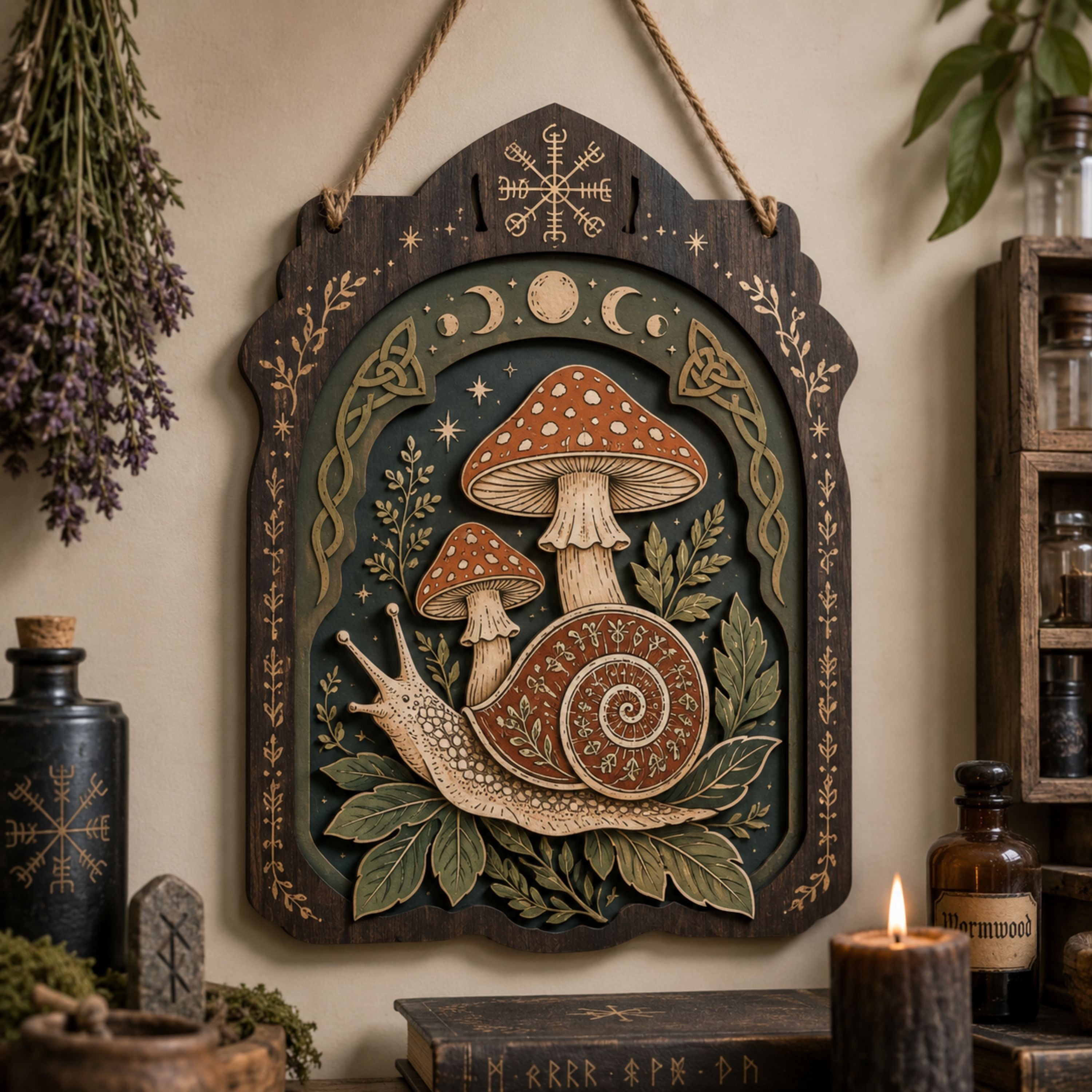 Mystical Snail Mushroom Wooden Sign - Witchy Woodland Wall Decor with Moon Phases, Leaves & Celtic Knots