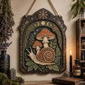 Mystical Snail Mushroom Wooden Sign - Witchy Woodland Wall Decor with Moon Phases, Leaves & Celtic Knots