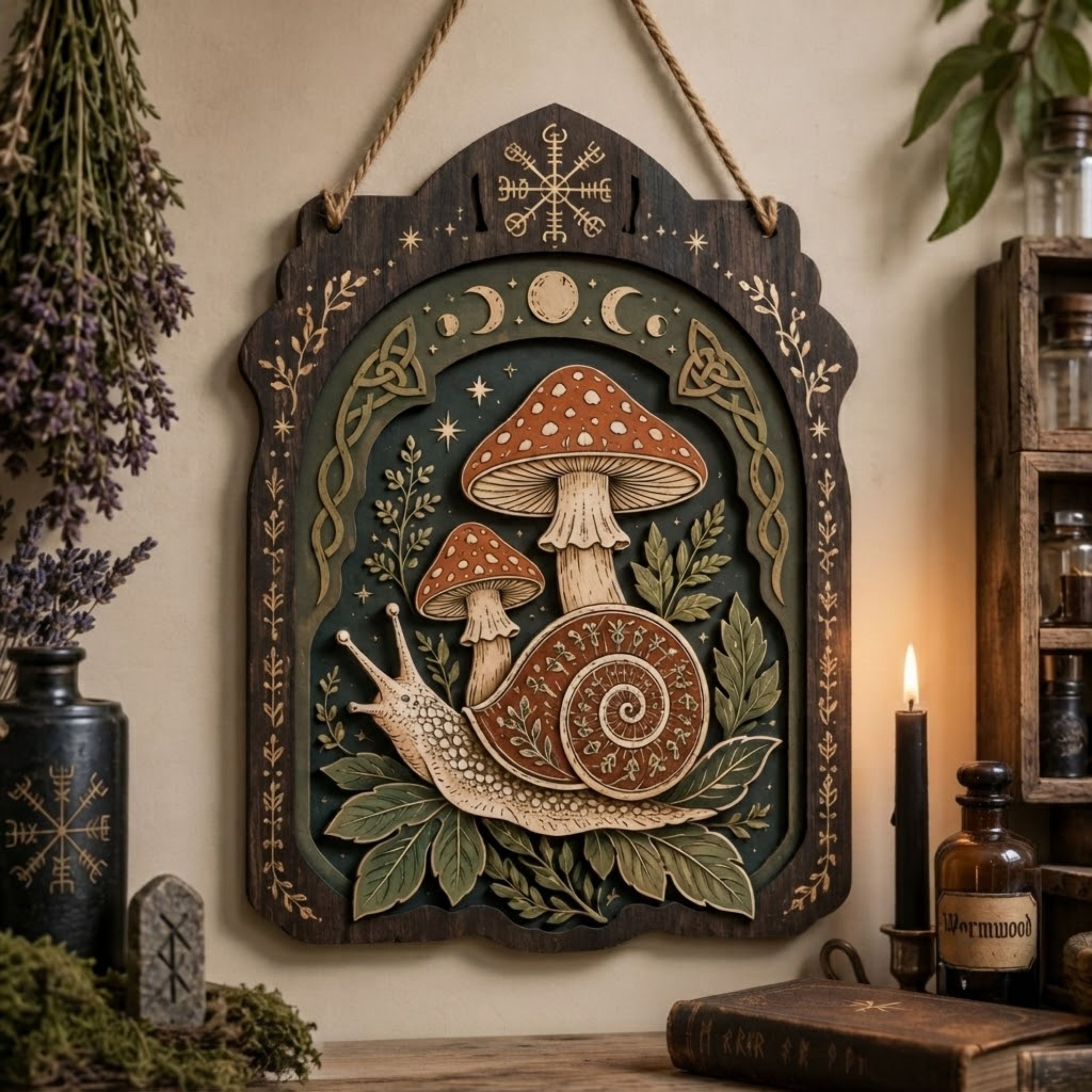 Mystical Snail Mushroom Wooden Sign - Witchy Woodland Wall Decor with Moon Phases, Leaves & Celtic Knots
