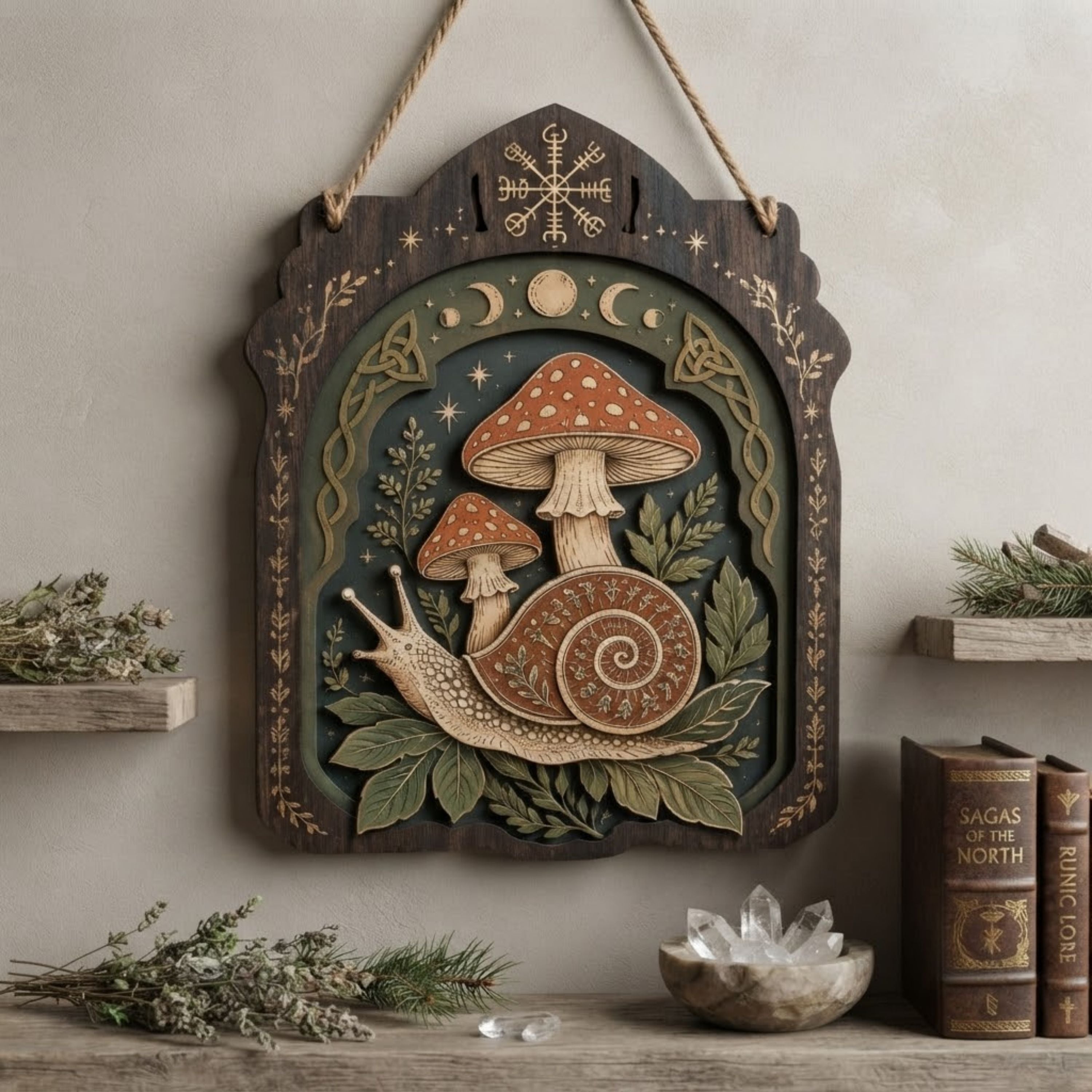 Mystical Snail Mushroom Wooden Sign - Witchy Woodland Wall Decor with Moon Phases, Leaves & Celtic Knots