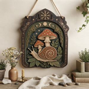 Mystical Snail Mushroom Wooden Sign - Witchy Woodland Wall Decor with Moon Phases, Leaves & Celtic Knots