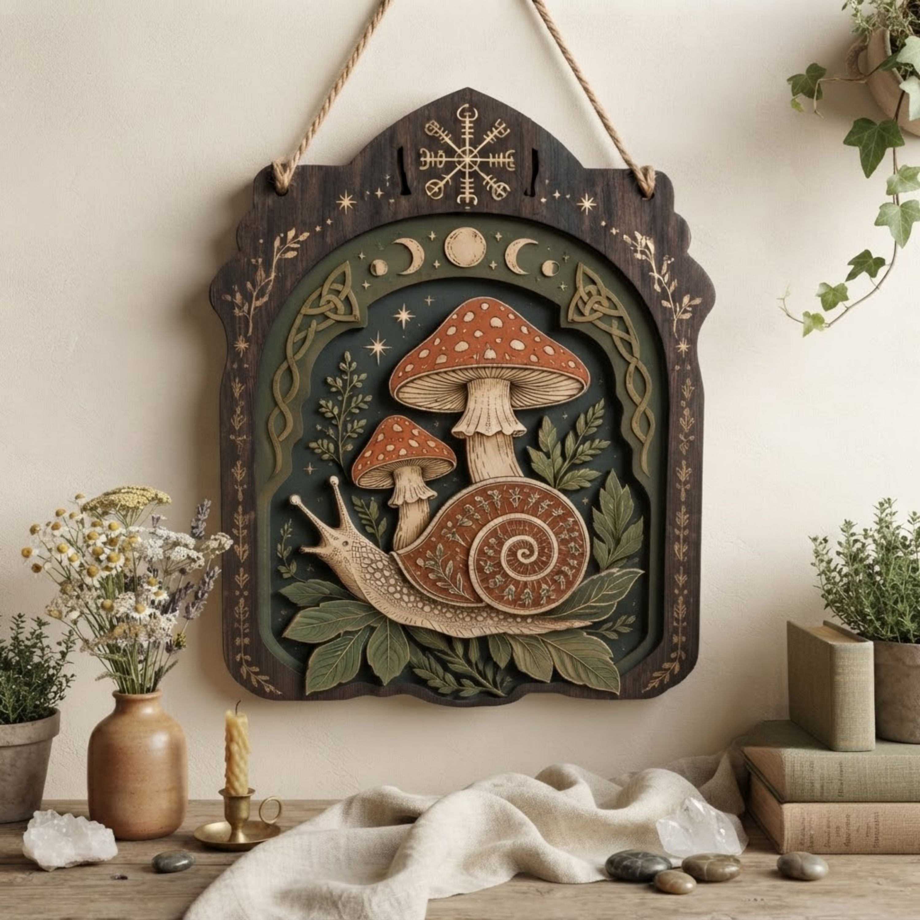 Mystical Snail Mushroom Wooden Sign - Witchy Woodland Wall Decor with Moon Phases, Leaves & Celtic Knots