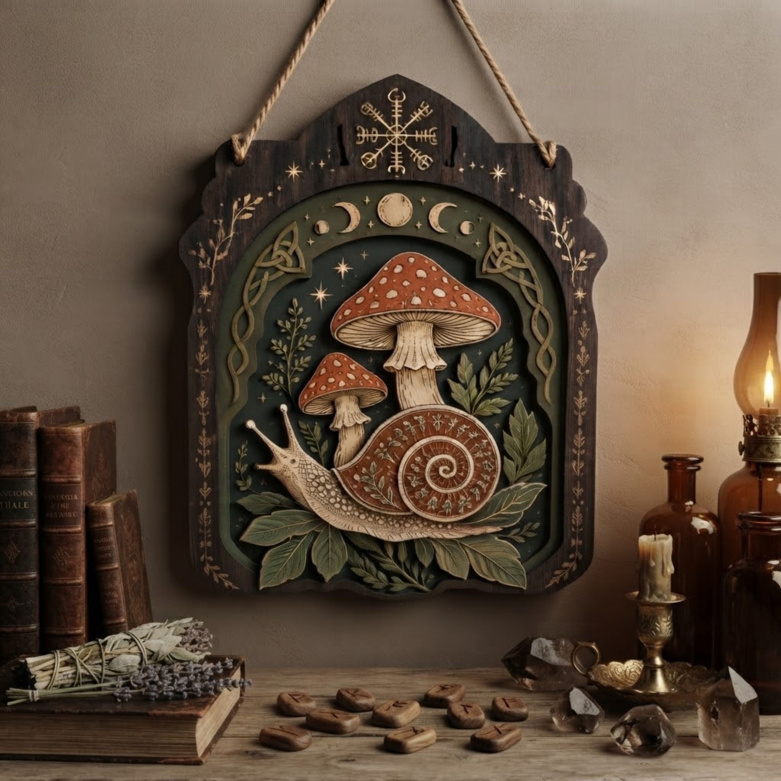 Mystical Snail Mushroom Wooden Sign - Witchy Woodland Wall Decor with Moon Phases, Leaves & Celtic Knots