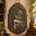 Frog Skull Wooden Sign - Gothic Witchy Wall Decor with Purple Mushroom, Wildflowers & Norse Symbols