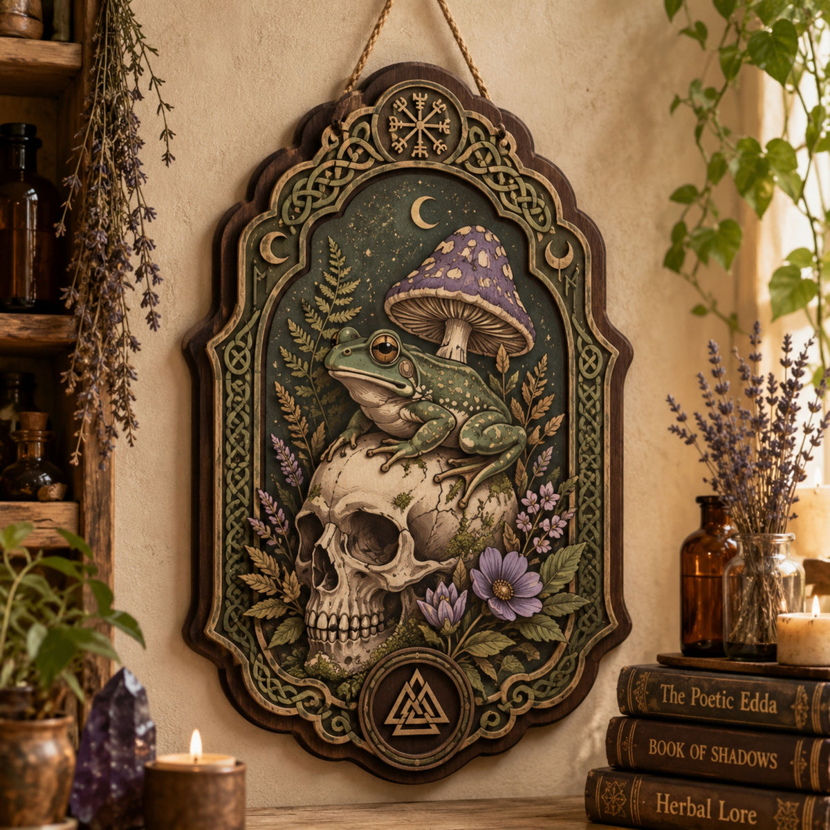 Frog Skull Wooden Sign - Gothic Witchy Wall Decor with Purple Mushroom, Wildflowers & Norse Symbols