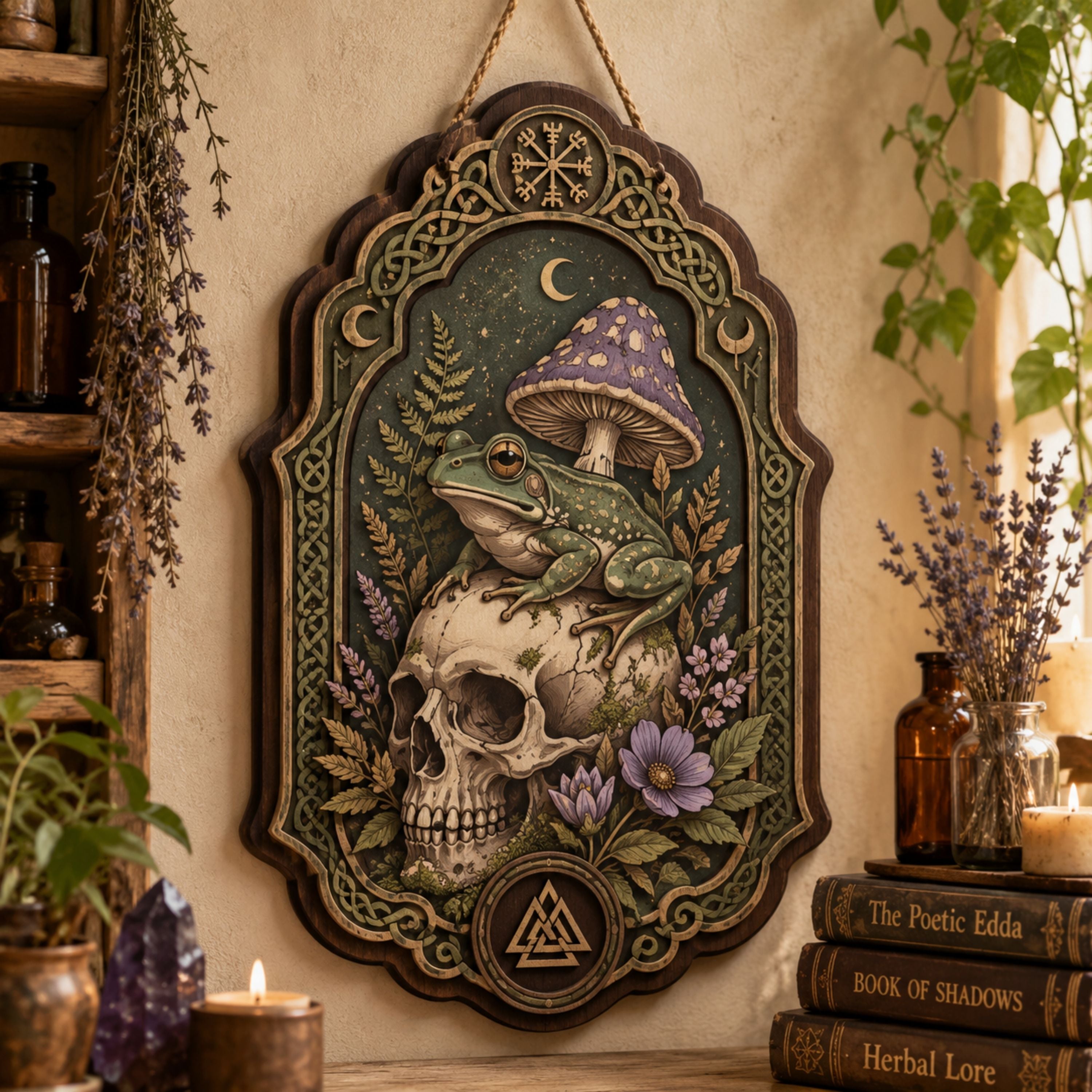Frog Skull Wooden Sign - Gothic Witchy Wall Decor with Purple Mushroom, Wildflowers & Norse Symbols
