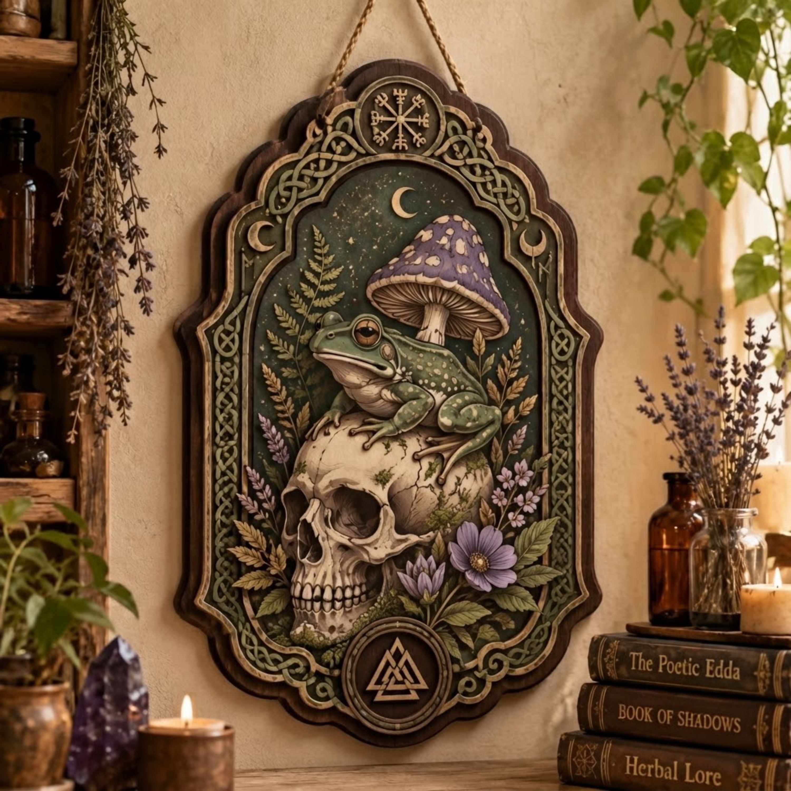Frog Skull Wooden Sign - Gothic Witchy Wall Decor with Purple Mushroom, Wildflowers & Norse Symbols