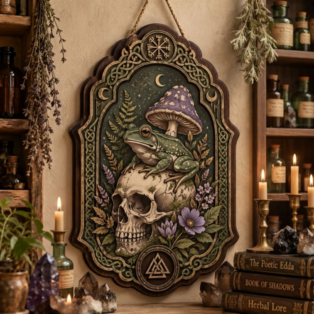 Frog Skull Wooden Sign - Gothic Witchy Wall Decor with Purple Mushroom, Wildflowers & Norse Symbols